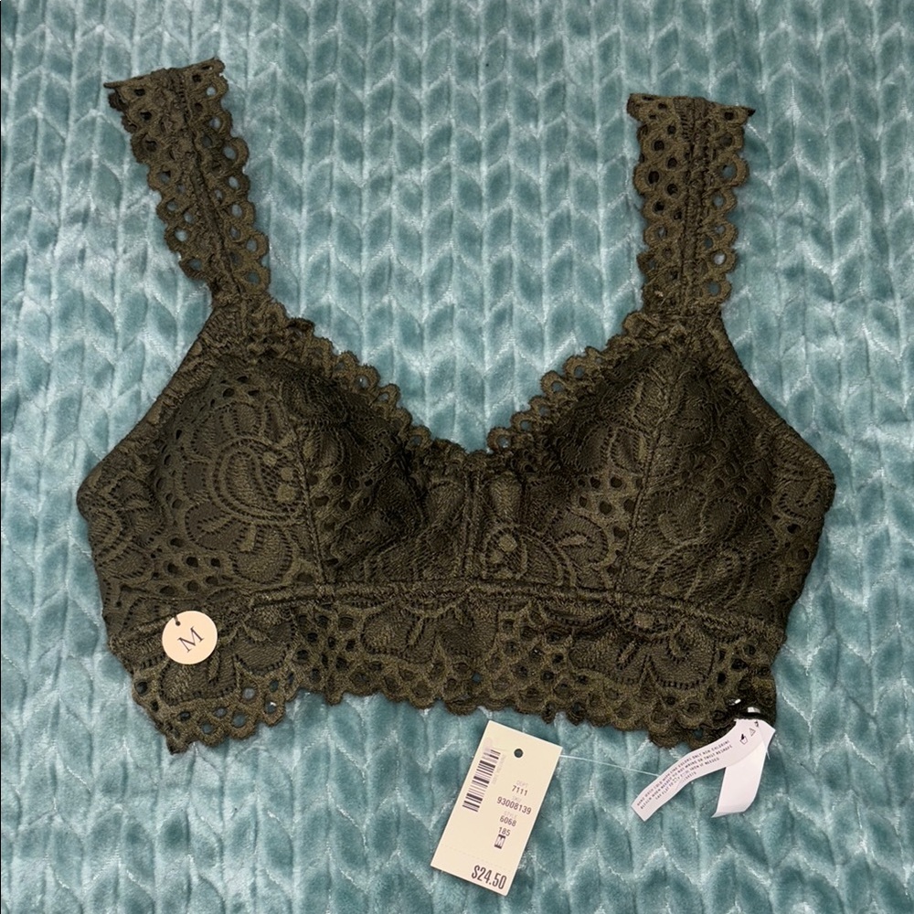 Olive Green Lace Bandeau with Floral Detailing and Scalloped Edges